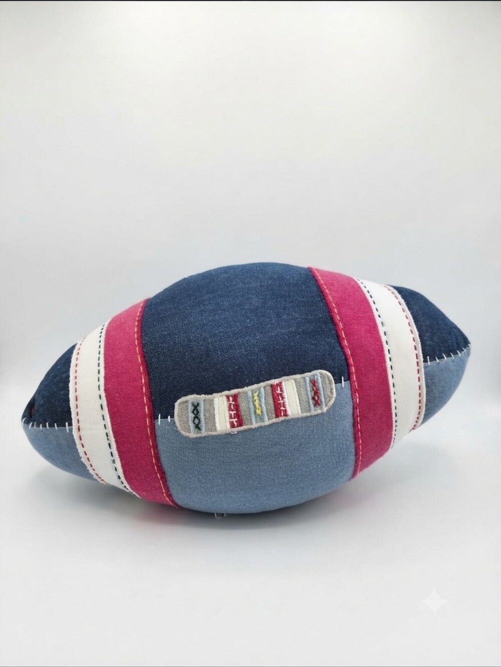 Pottery Barn Kids Denim Patchwork Football Throw Pillow Stuffed Toy Decor Red Bl